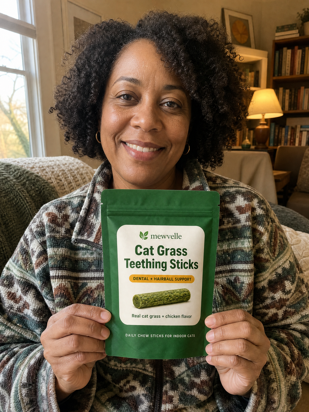 Cat parent holding a Mewvelle pouch in her living room
