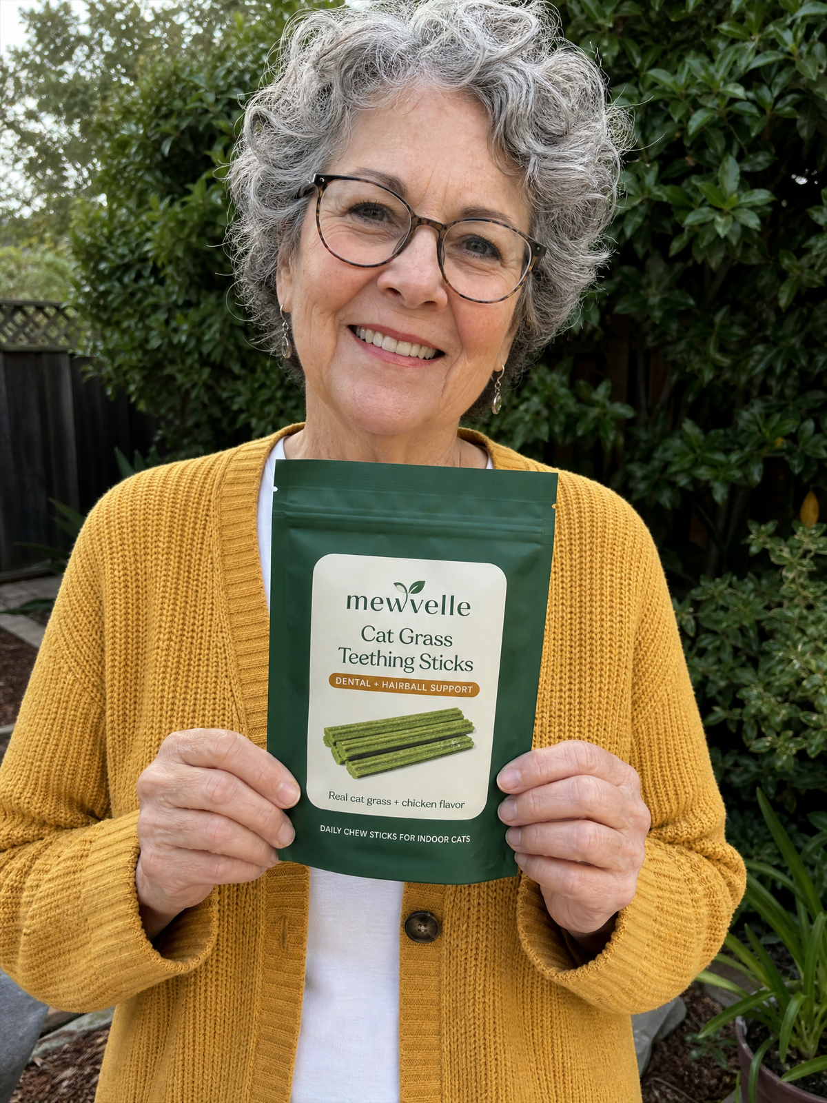 Cat parent holding a Mewvelle pouch in her garden