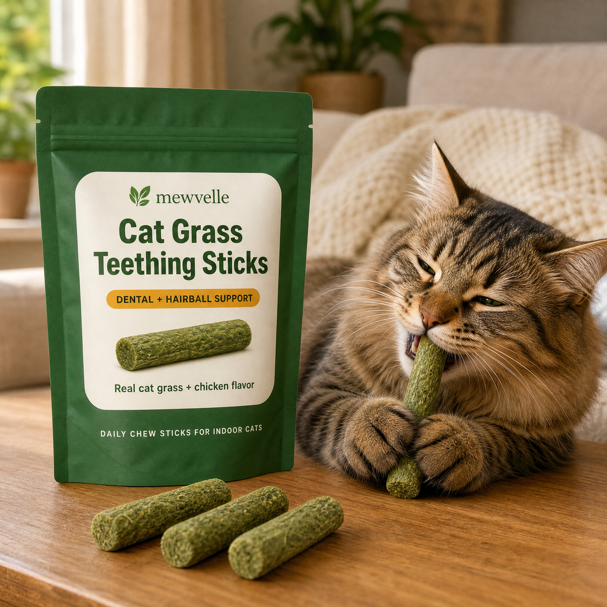 Mewvelle Cat Grass Teething Sticks pouch with a tabby cat chewing a stick