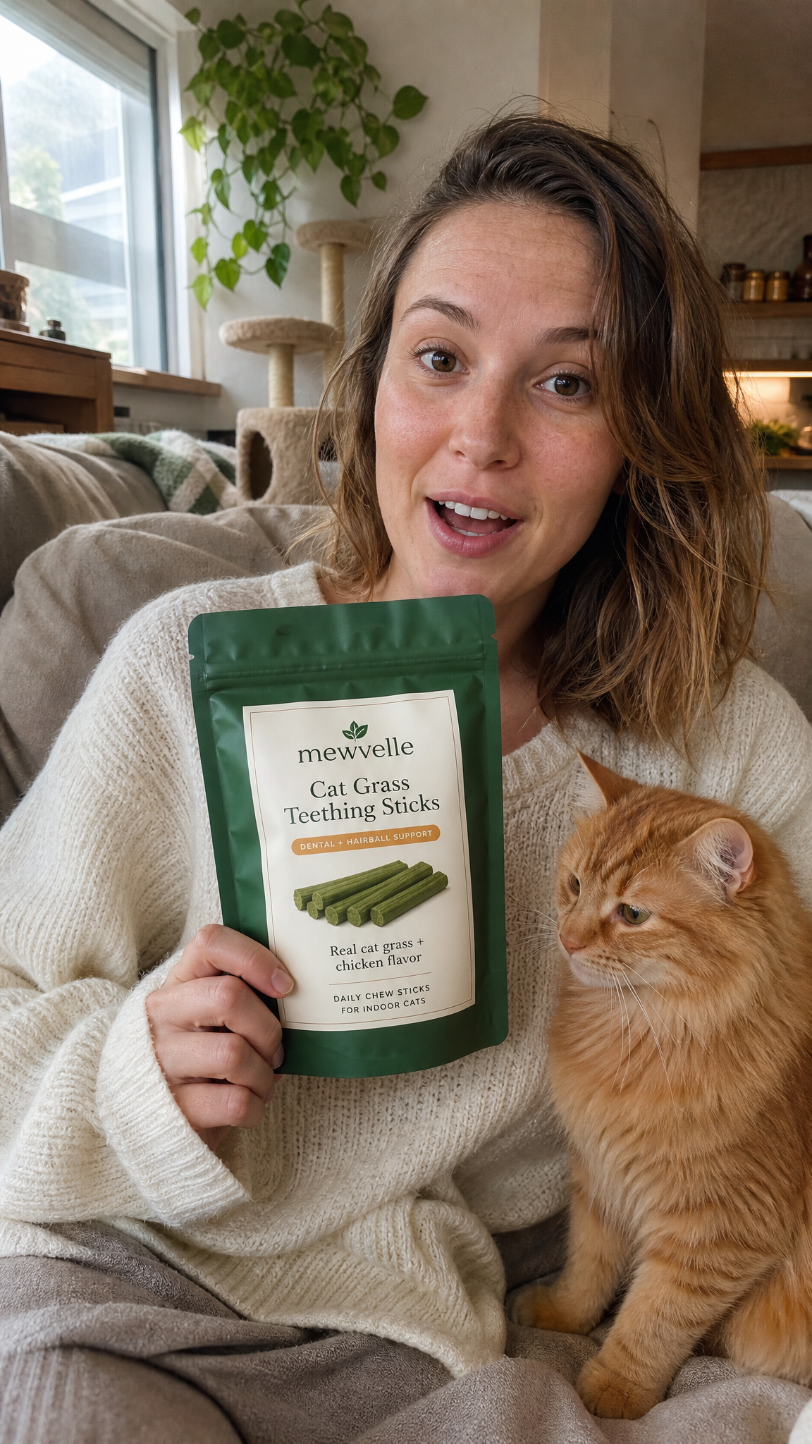 Cat parent holding a Mewvelle pouch next to her orange cat